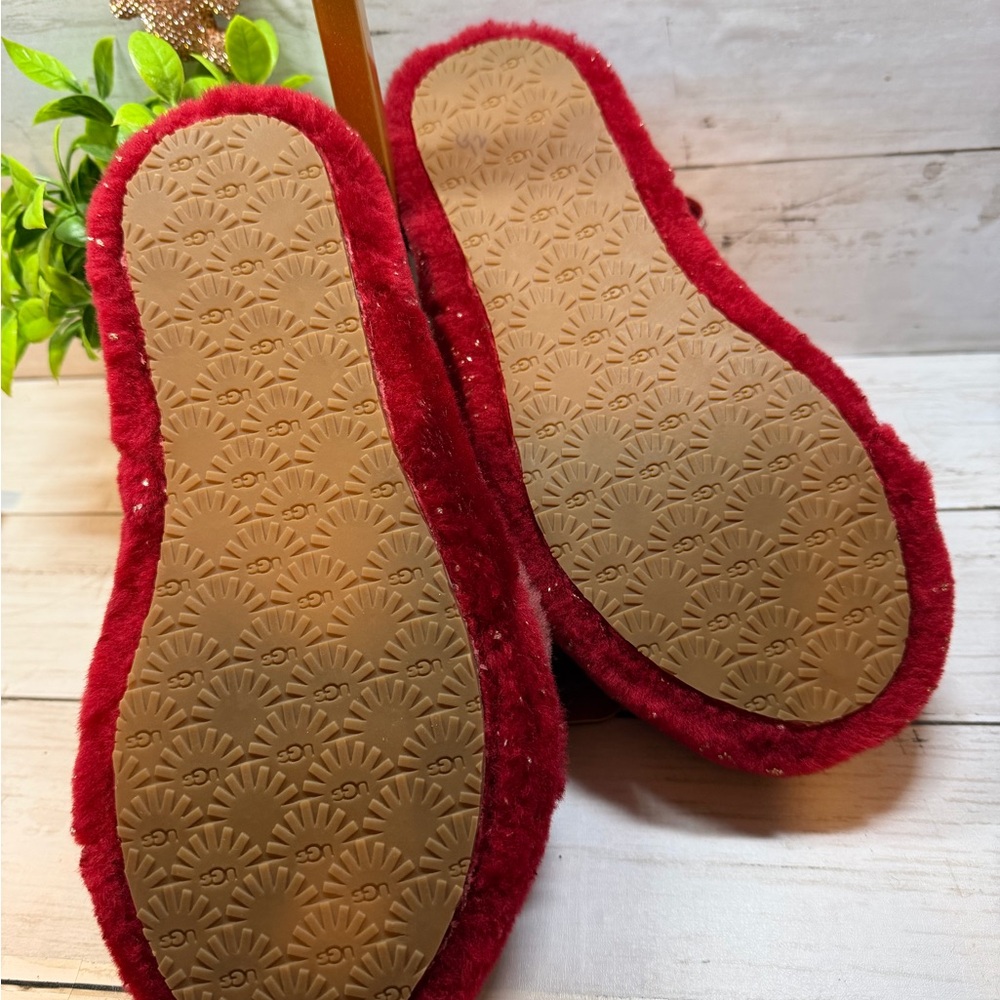 UGG Red and Pink Striped Fuzzy Slippers - Picture 2 of 3